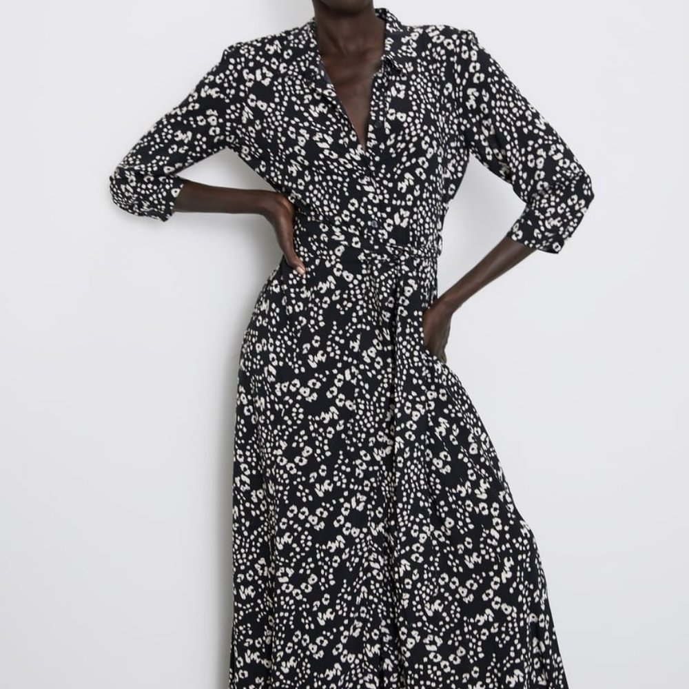 Zara Black and White Floral Midi Wrap Dress